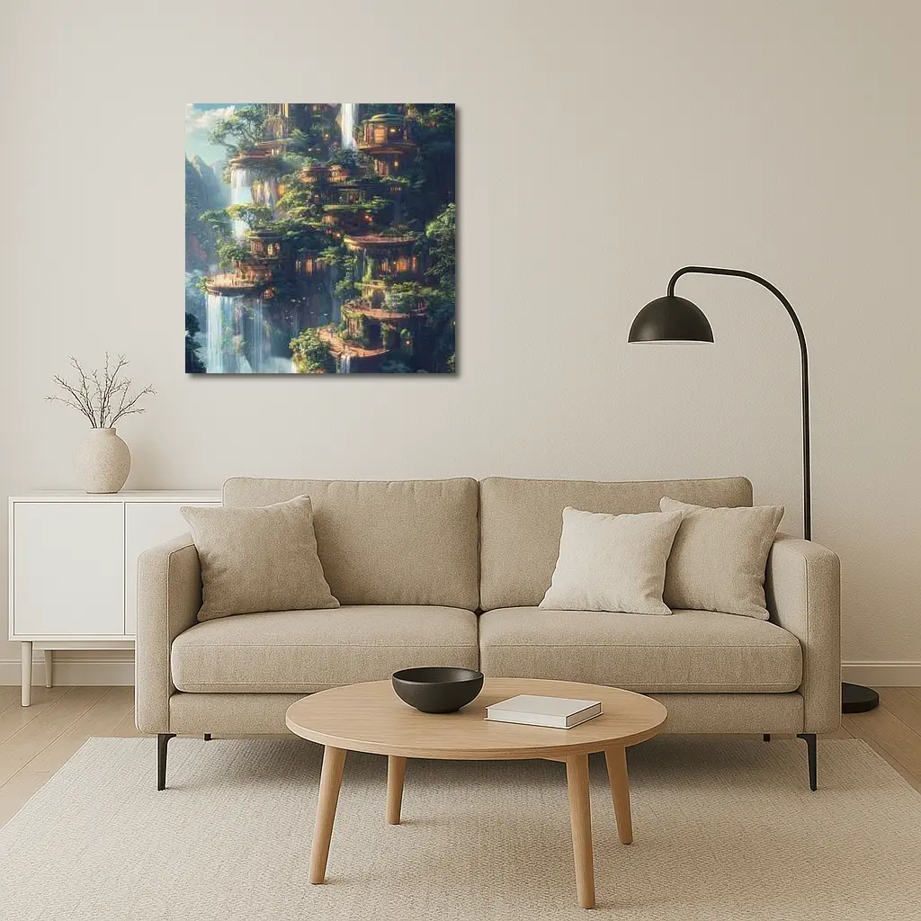 Fantasy Forest City Waterfalls Cliffside Architecture – Wall Art