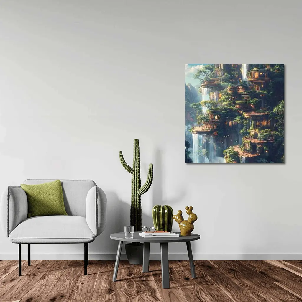 Fantasy Forest City Waterfalls Cliffside Architecture – Wall Art