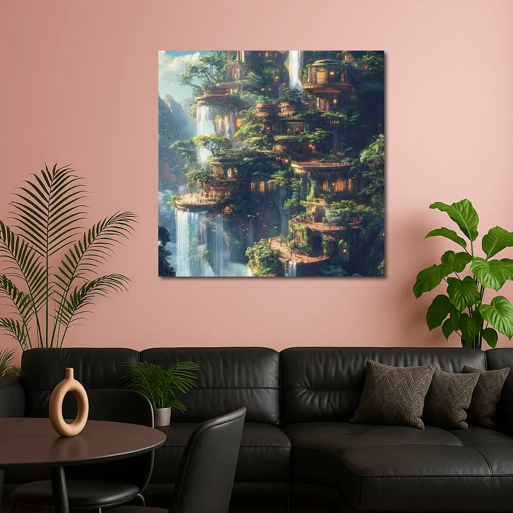 Fantasy Forest City Waterfalls Cliffside Architecture – Wall Art