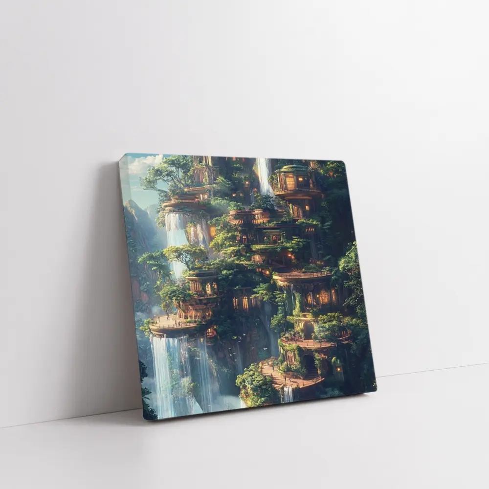 Fantasy Forest City Waterfalls Cliffside Architecture – Wall Art