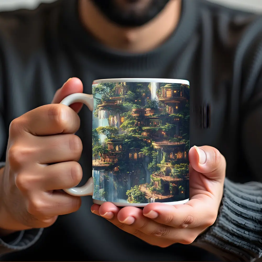 Fantasy Forest City Waterfalls Cliffside Architecture – Mugs