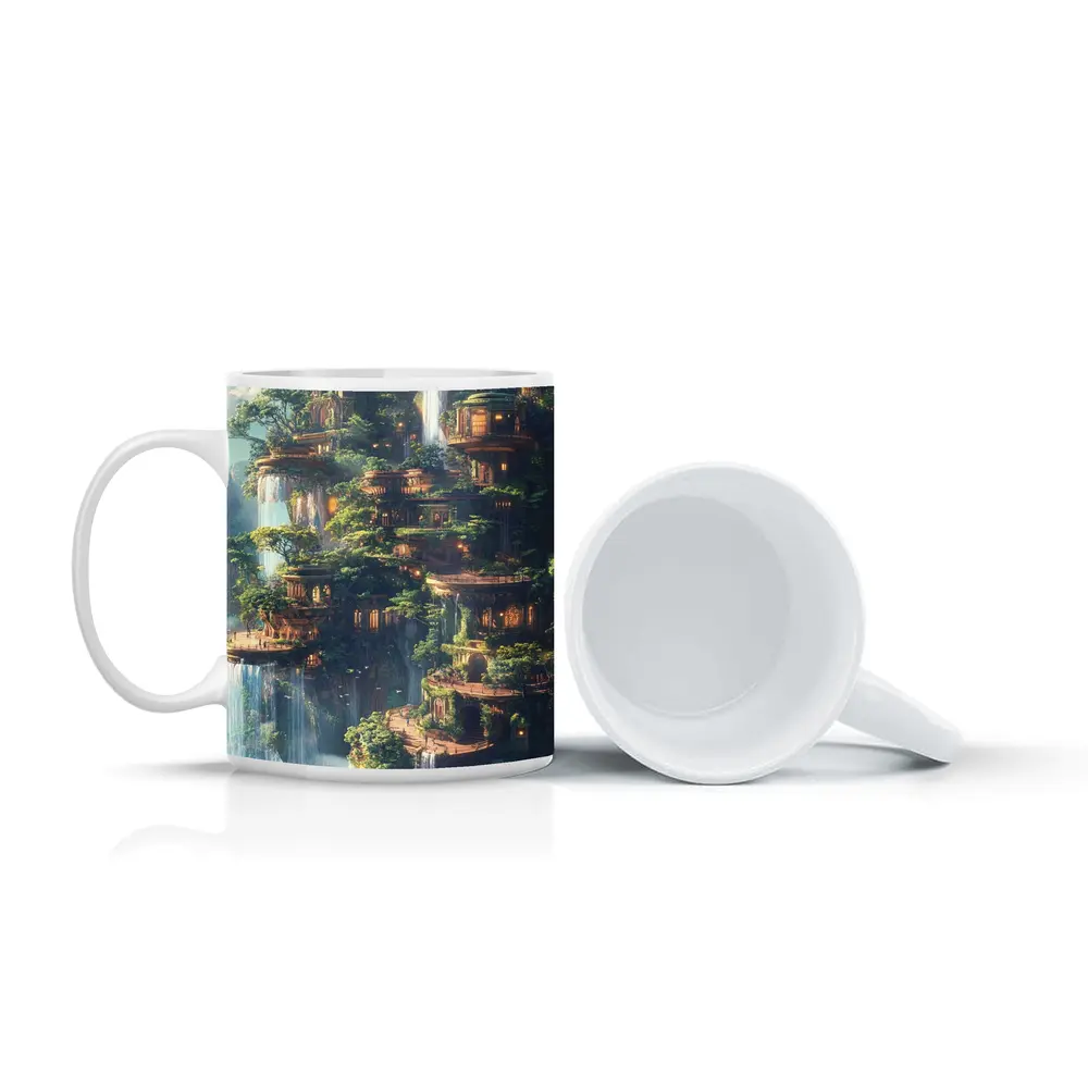 Fantasy Forest City Waterfalls Cliffside Architecture – Mugs