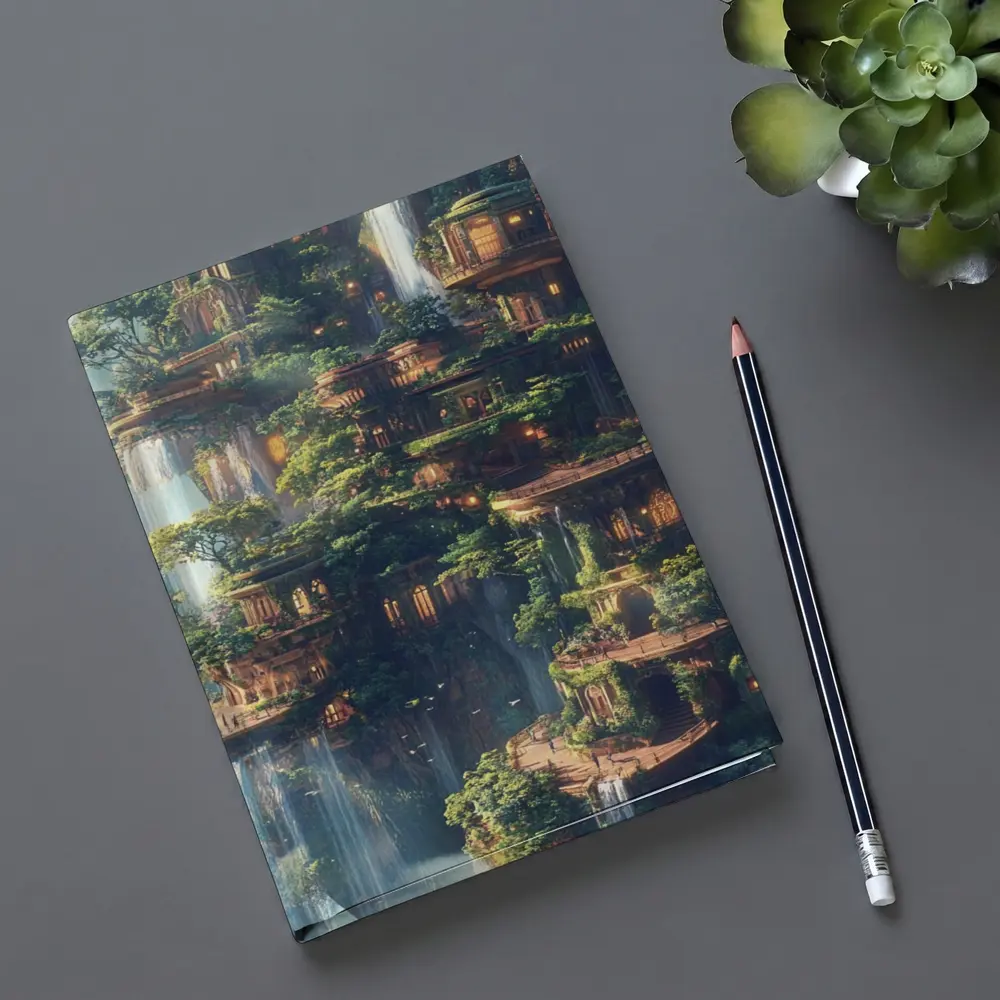 Fantasy Forest City Waterfalls Cliffside Architecture – Notebooks