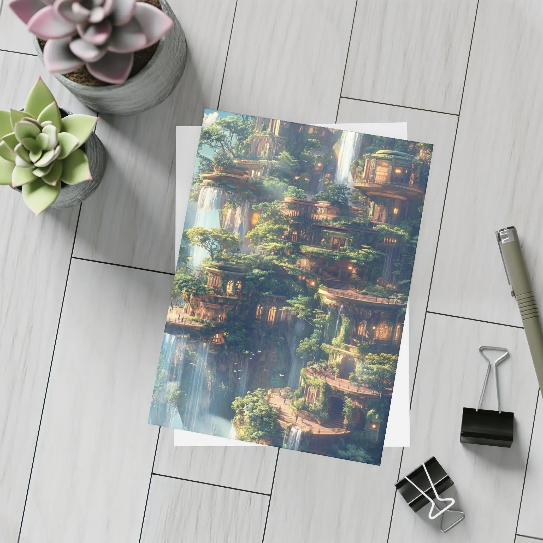 Fantasy Forest City Waterfalls Cliffside Architecture – Postcards