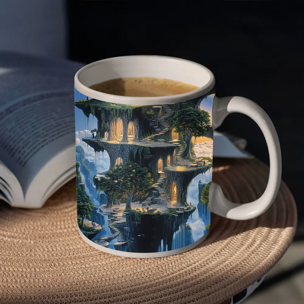 Fantasy Floating Island Ancient Stone Architecture – Mugs