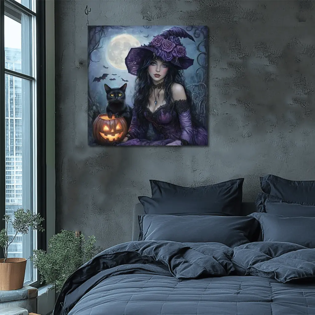 Gothic Witch Black Cat Halloween Moon Art – Wall Art