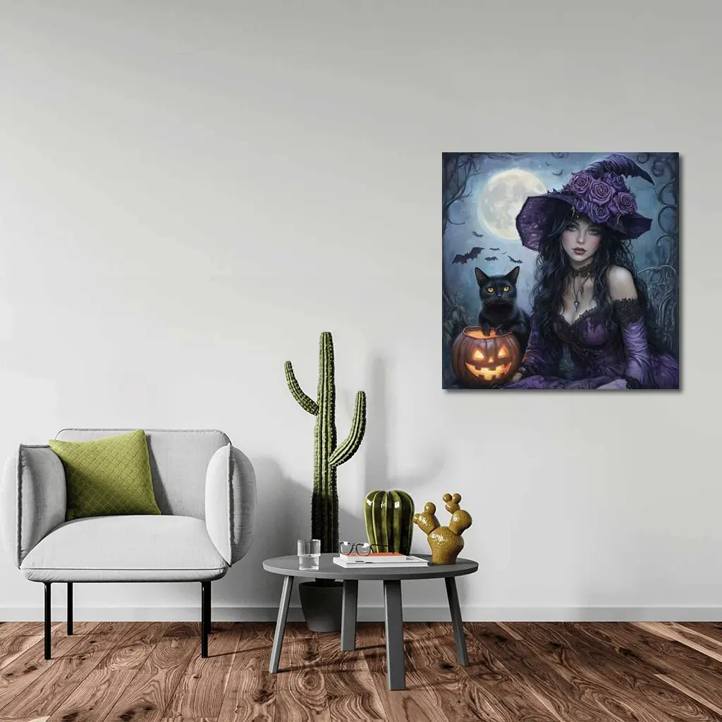 Gothic Witch Black Cat Halloween Moon Art – Wall Art