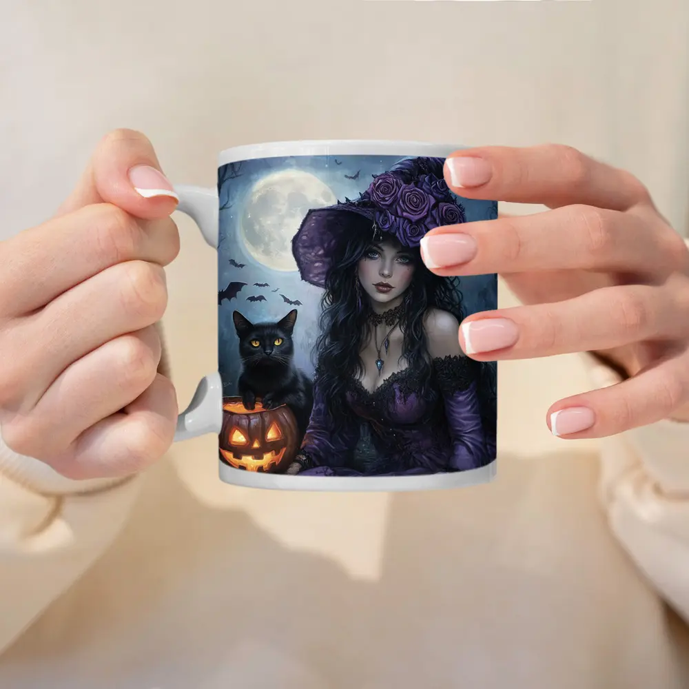 Gothic Witch Black Cat Halloween Moon Art – Mugs