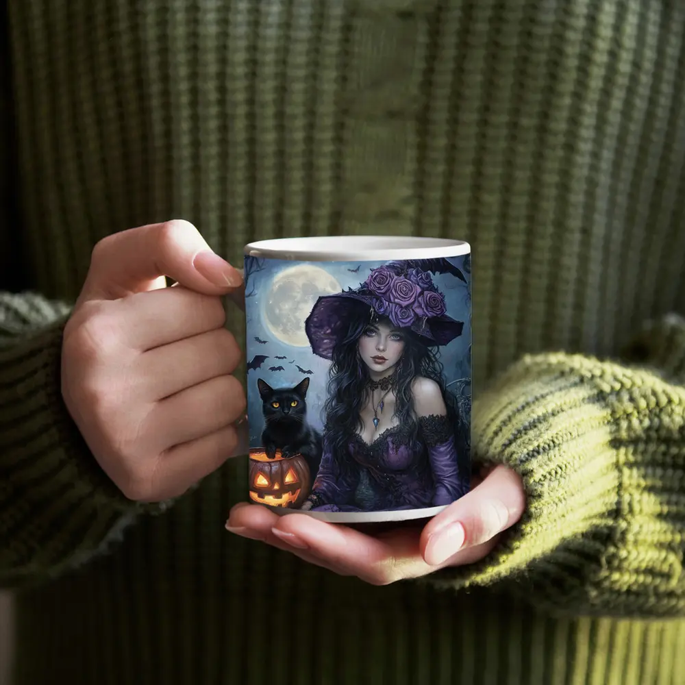 Gothic Witch Black Cat Halloween Moon Art – Mugs