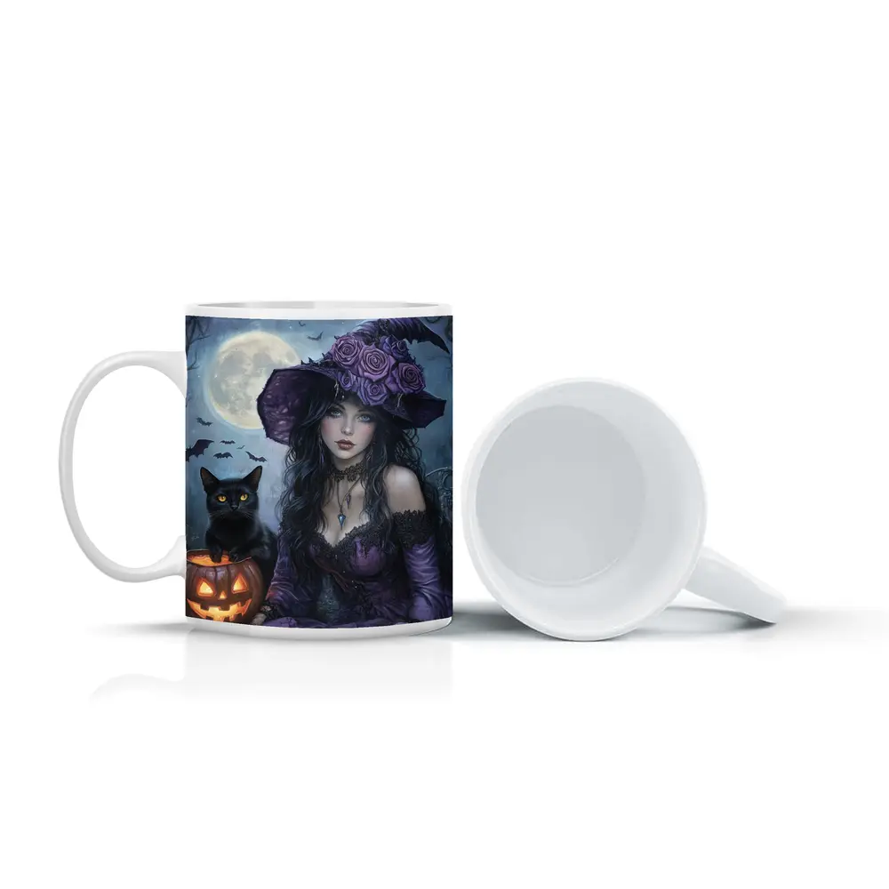 Gothic Witch Black Cat Halloween Moon Art – Mugs