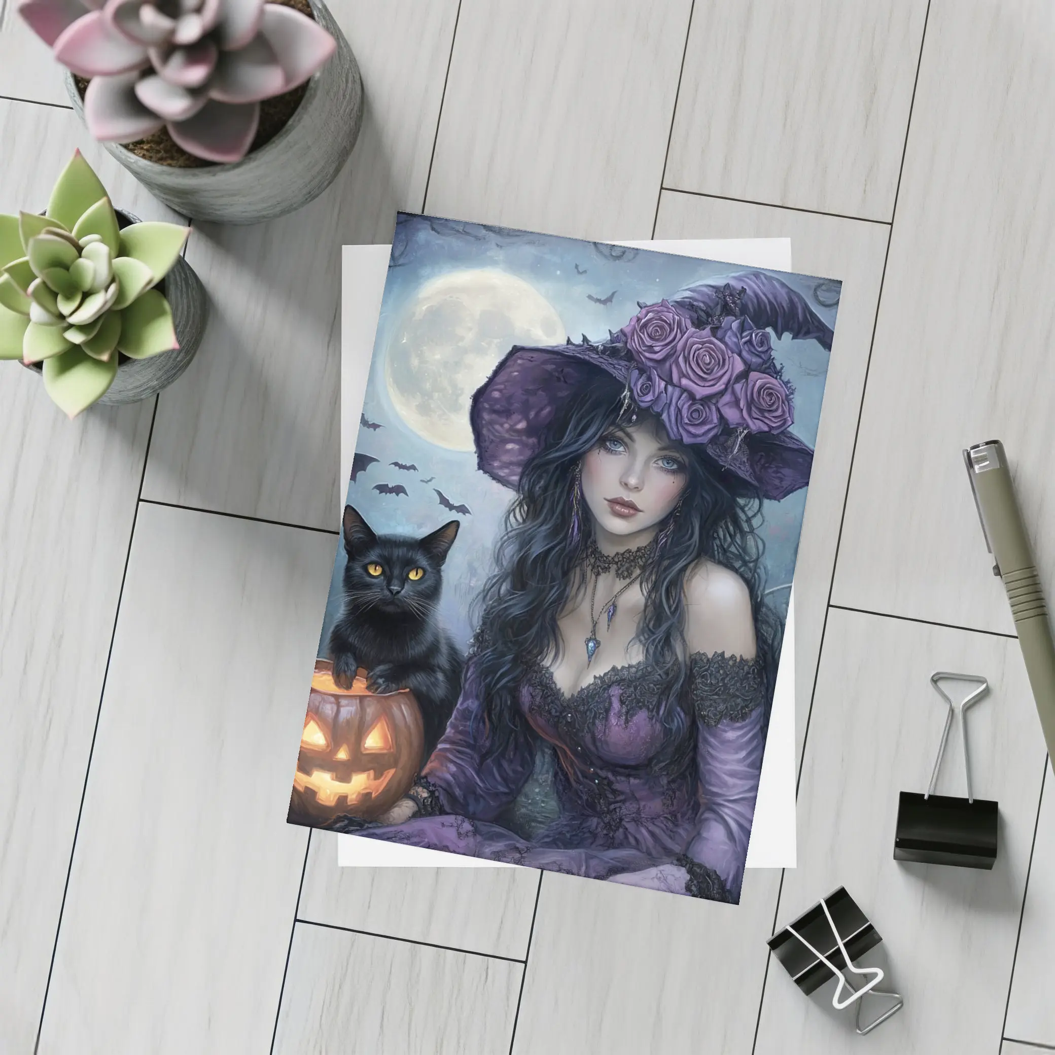Gothic Witch Black Cat Halloween Moon Art – Postcards