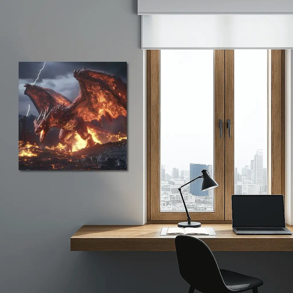 Fire Dragon Roaring In Stormy Lightning Sky – Wall Art