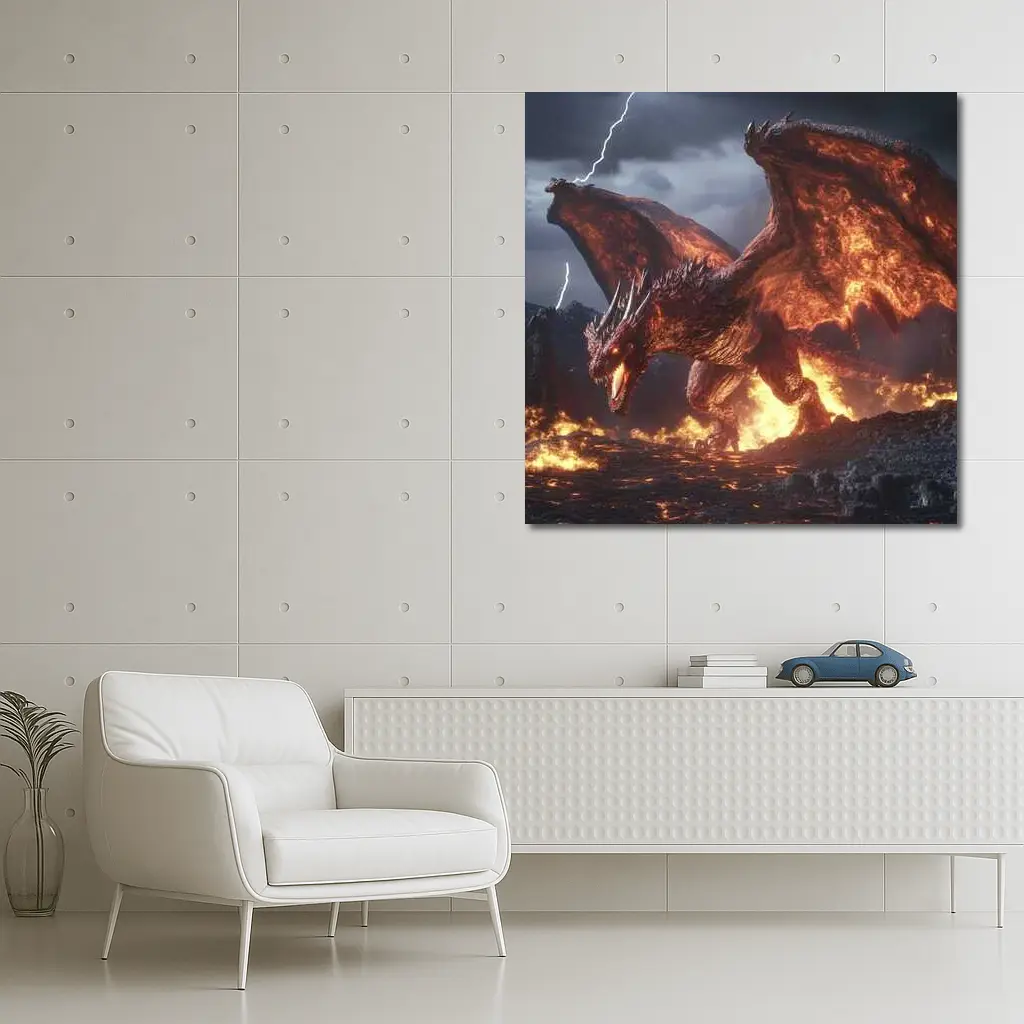 Fire Dragon Roaring In Stormy Lightning Sky – Wall Art