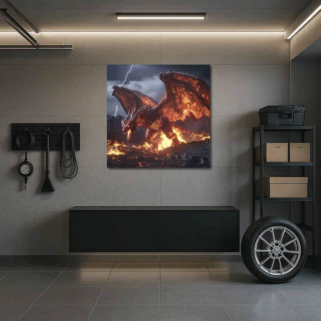 Fire Dragon Roaring In Stormy Lightning Sky – Wall Art