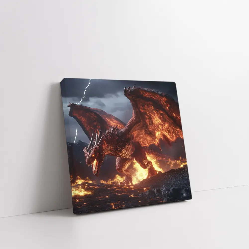 Fire Dragon Roaring In Stormy Lightning Sky – Wall Art
