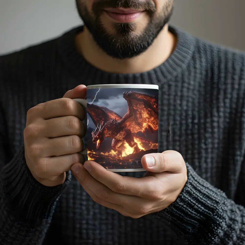 Fire Dragon Roaring In Stormy Lightning Sky – Mugs