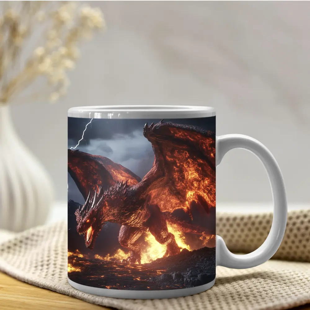Fire Dragon Roaring In Stormy Lightning Sky – Mugs