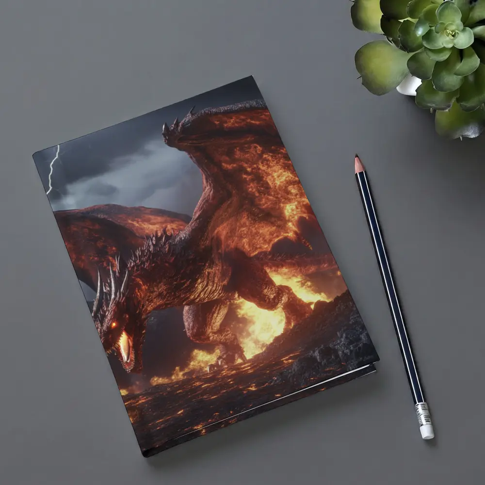 Fire Dragon Roaring In Stormy Lightning Sky – Notebooks