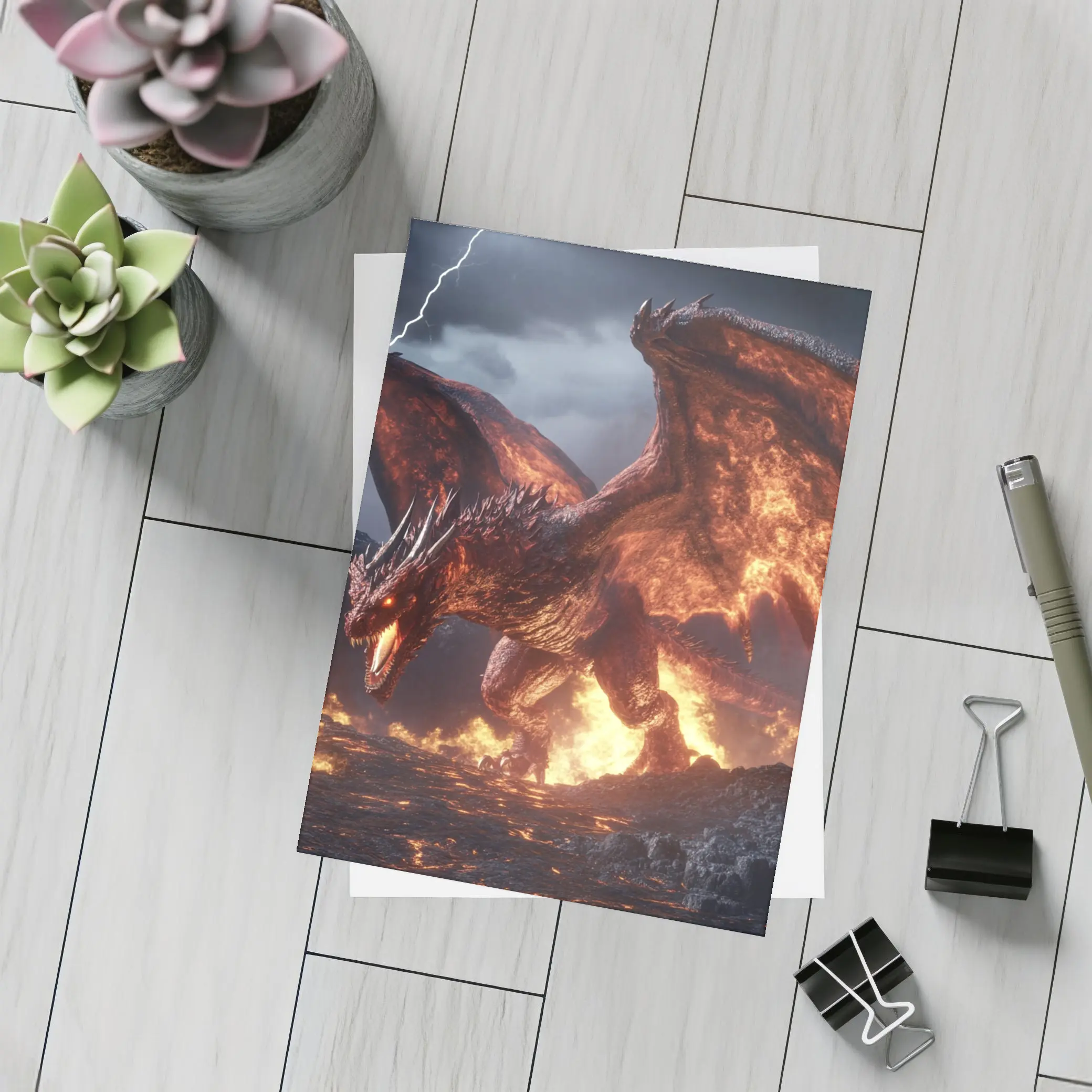 Fire Dragon Roaring In Stormy Lightning Sky – Postcards
