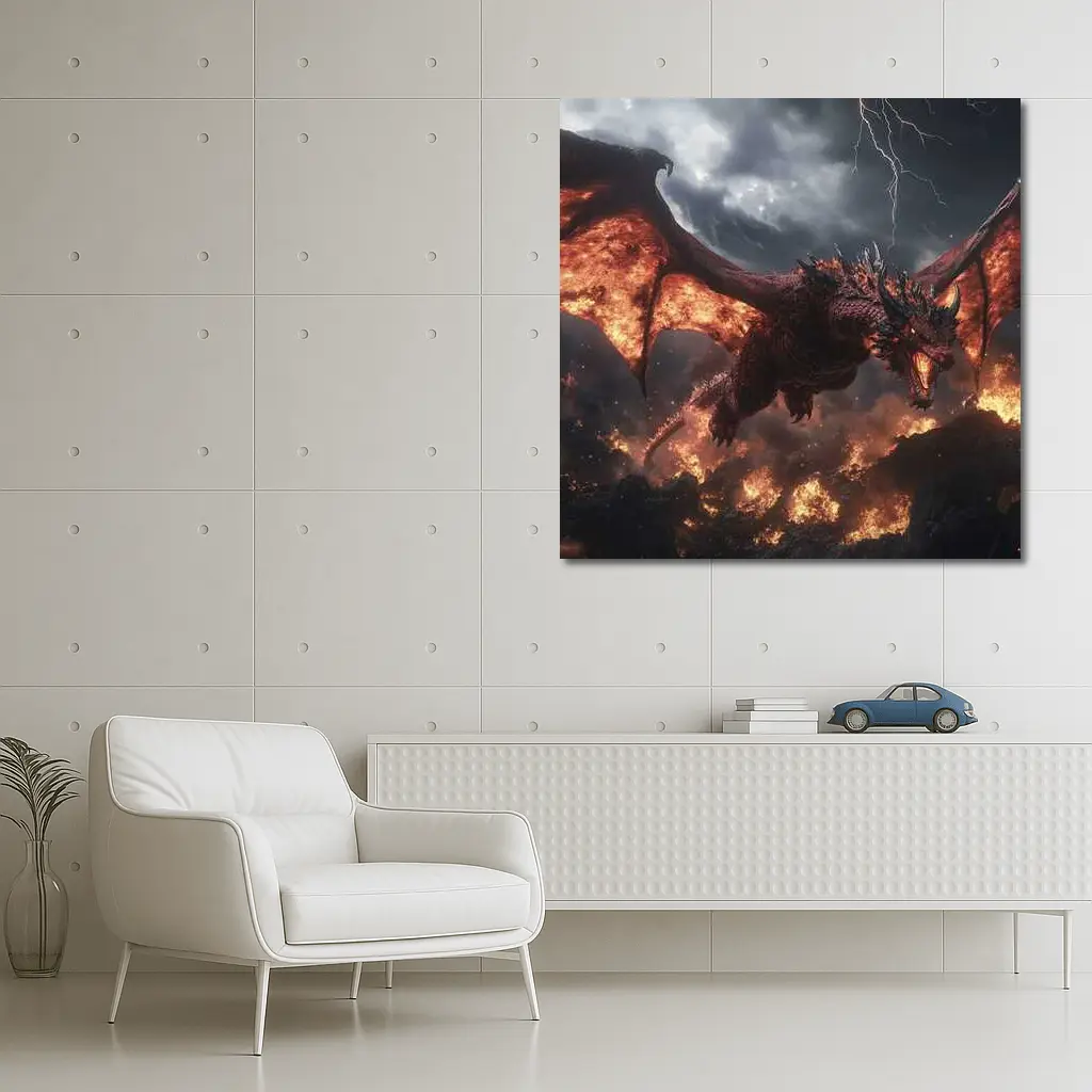 Fire Dragon Flying Over Burning Rocks – Wall Art