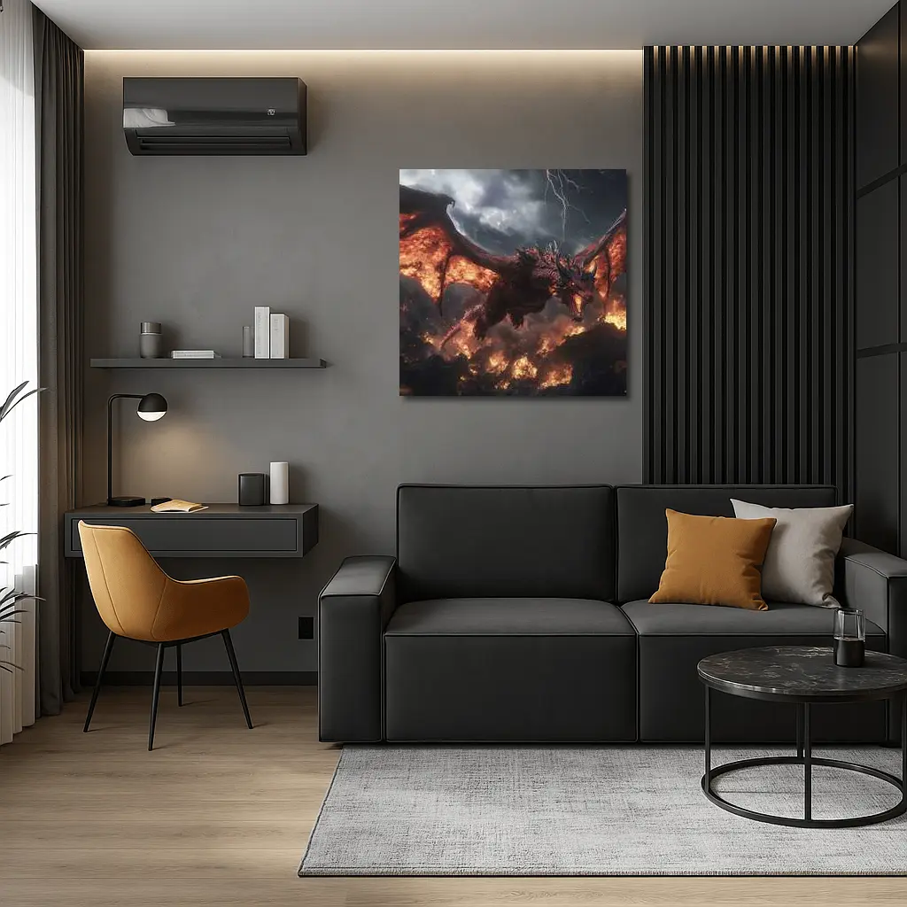 Fire Dragon Flying Over Burning Rocks – Wall Art