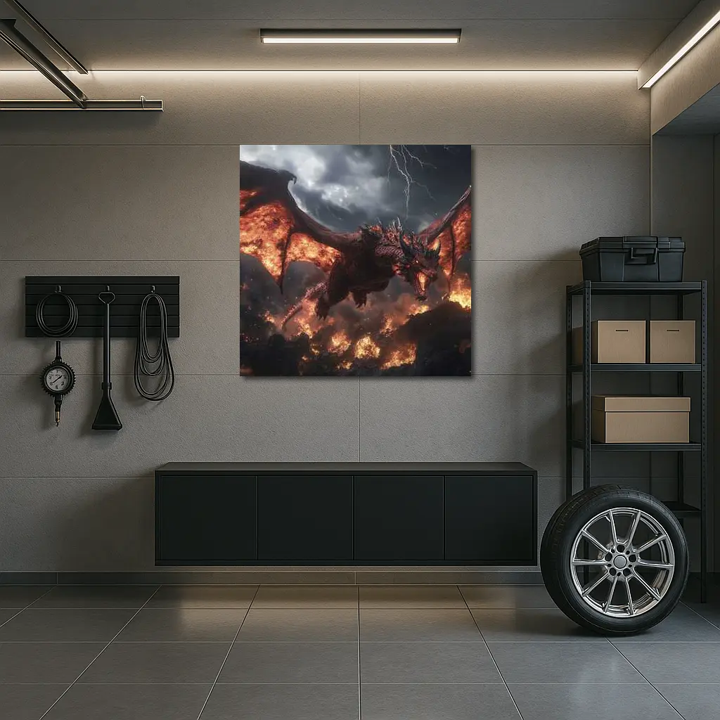 Fire Dragon Flying Over Burning Rocks – Wall Art
