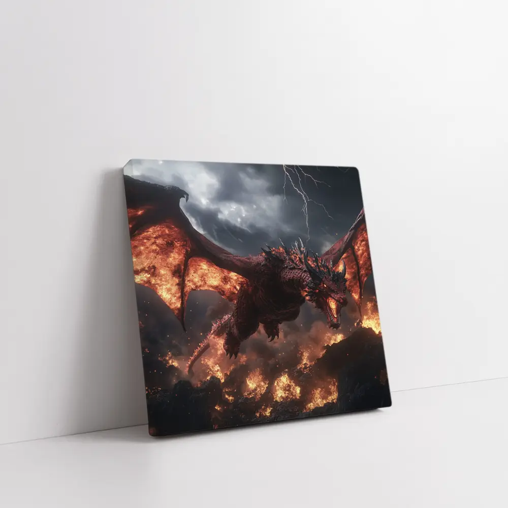 Fire Dragon Flying Over Burning Rocks – Wall Art