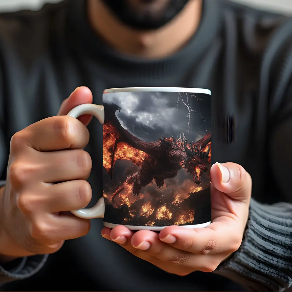 Fire Dragon Flying Over Burning Rocks – Mugs