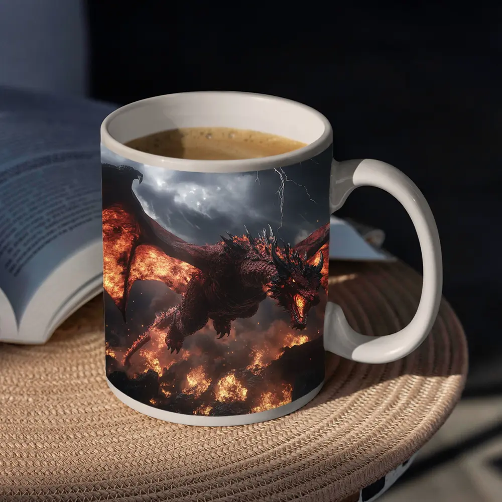 Fire Dragon Flying Over Burning Rocks – Mugs