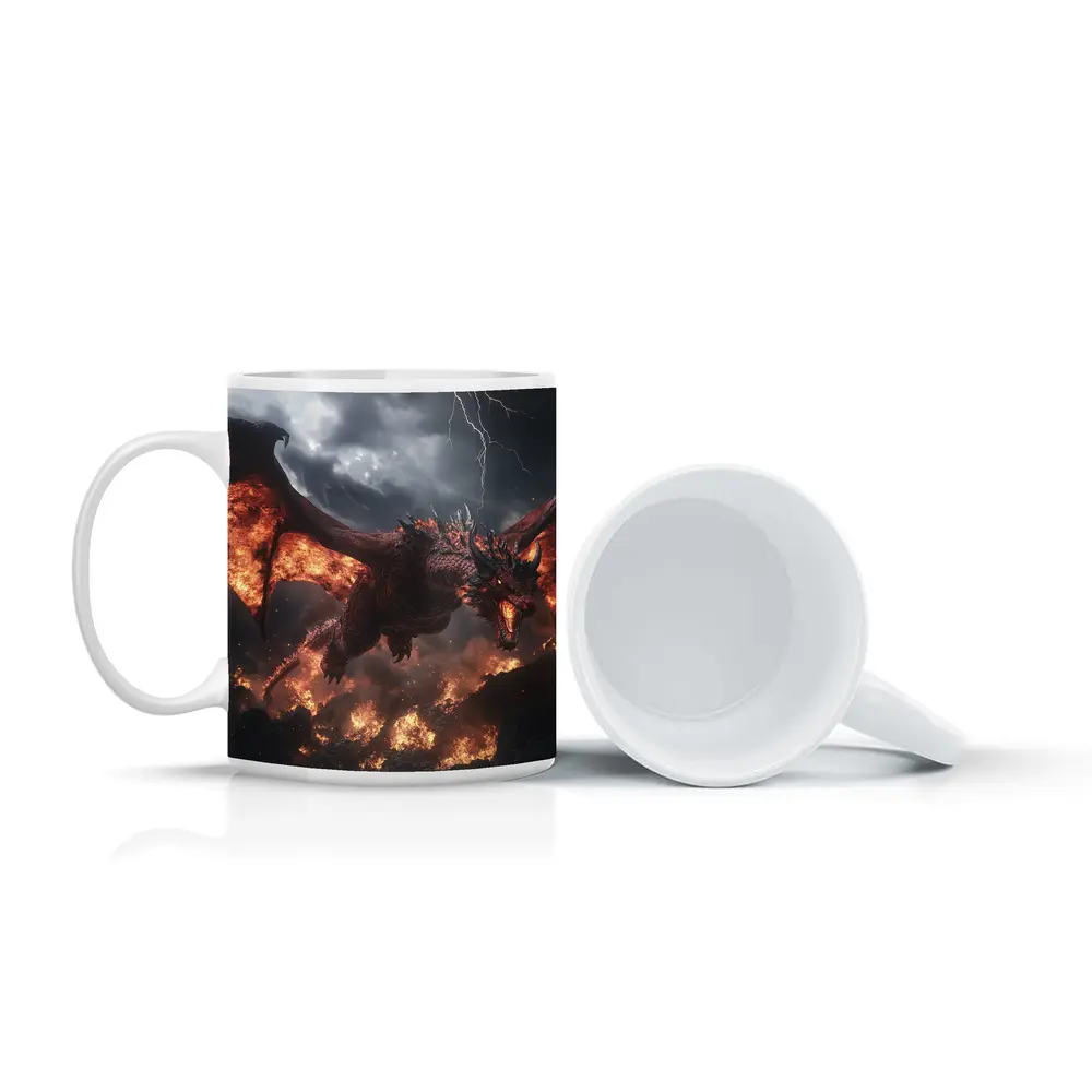 Fire Dragon Flying Over Burning Rocks – Mugs