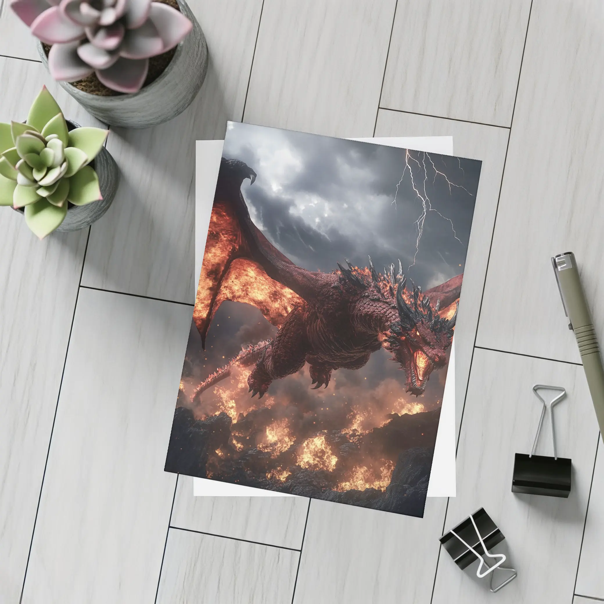 Fire Dragon Flying Over Burning Rocks – Postcards