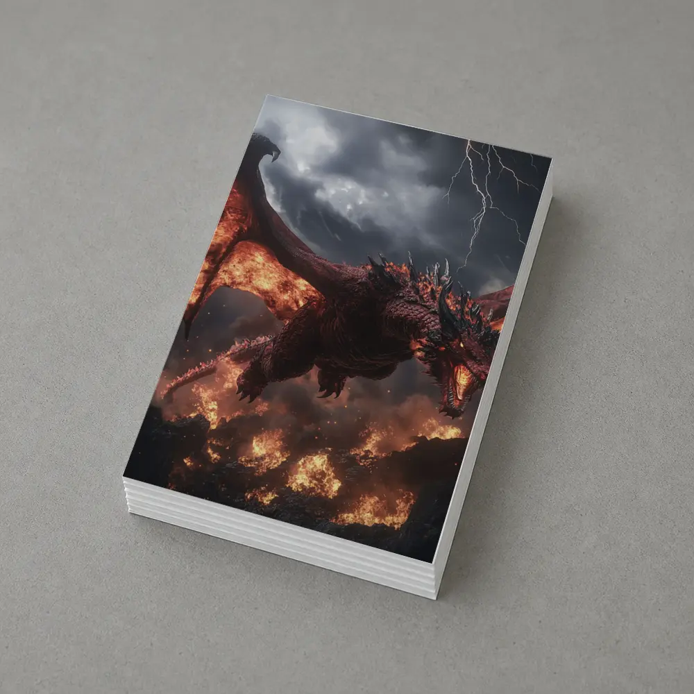 Fire Dragon Flying Over Burning Rocks – Postcards