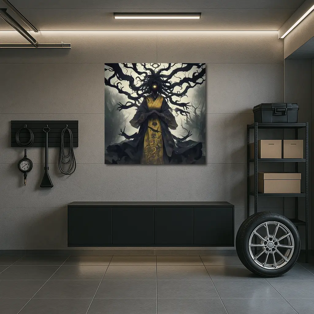 Dark Spirit Figure Glowing Eye Misty Forest – Wall Art