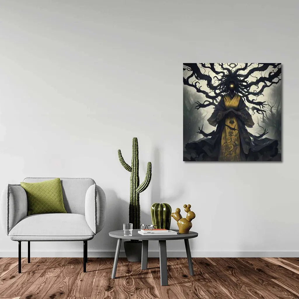 Dark Spirit Figure Glowing Eye Misty Forest – Wall Art