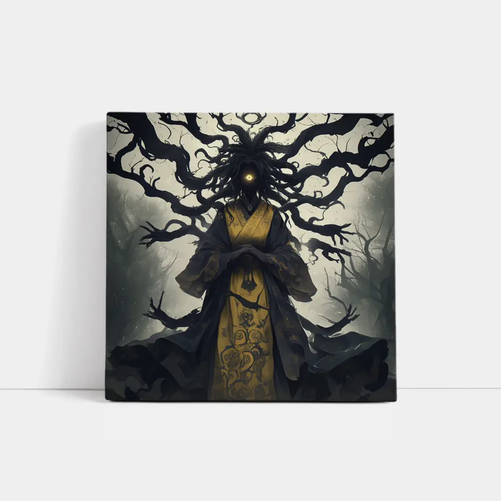 Dark Spirit Figure Glowing Eye Misty Forest – Wall Art