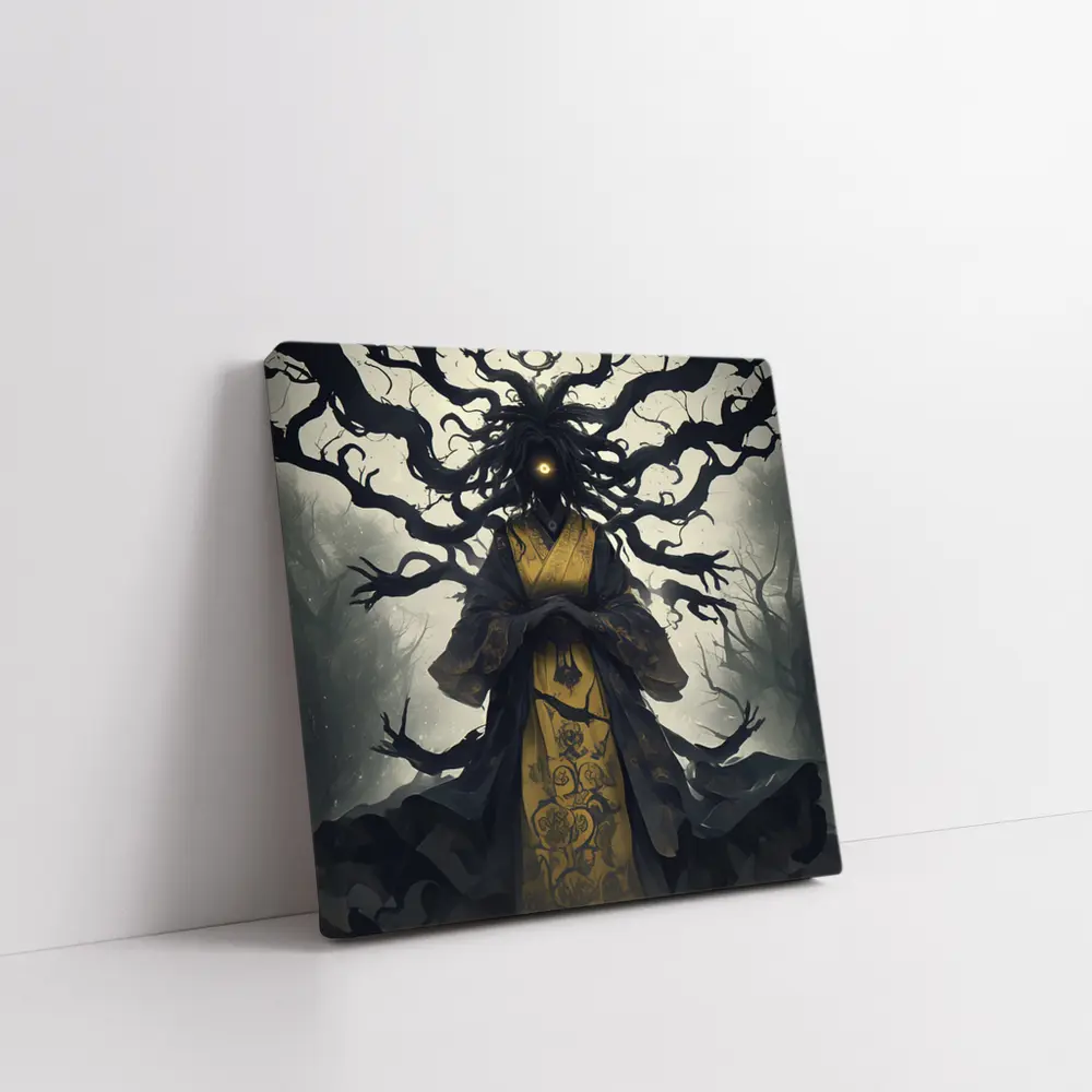 Dark Spirit Figure Glowing Eye Misty Forest – Wall Art
