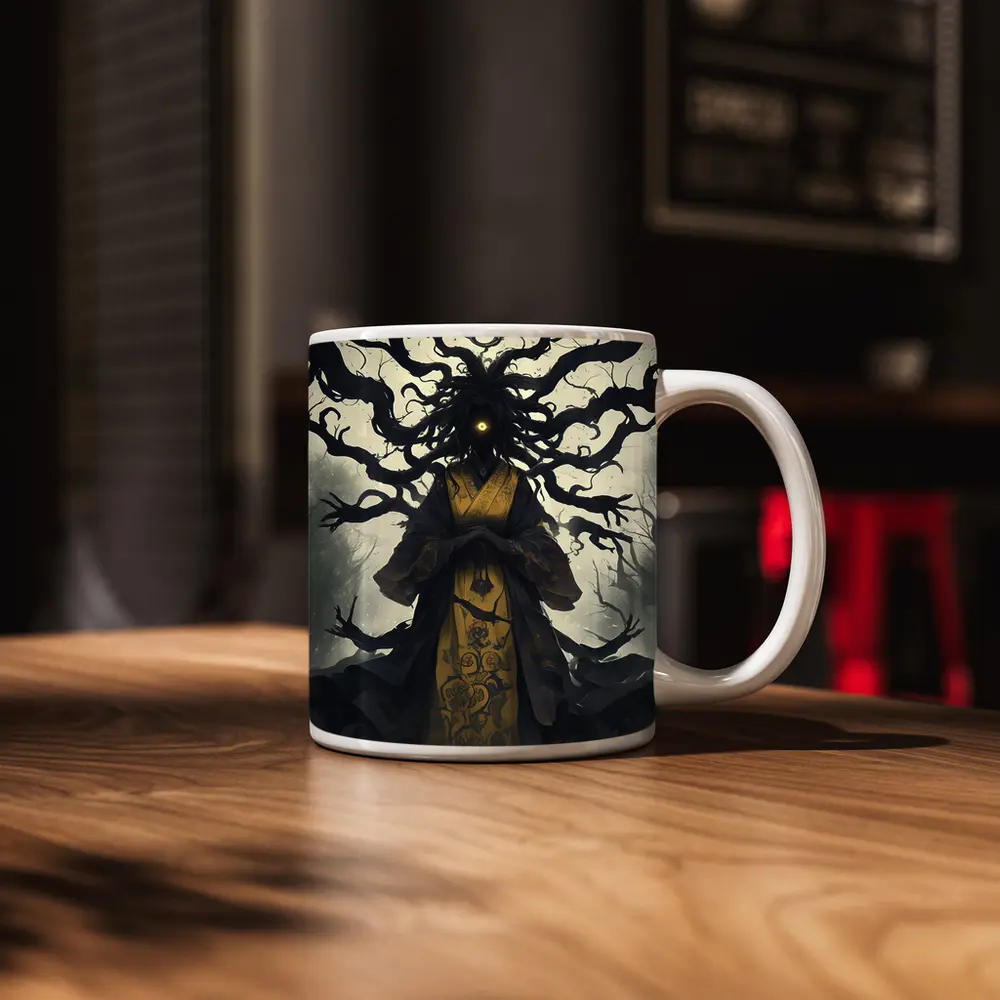 Dark Spirit Figure Glowing Eye Misty Forest – Mugs