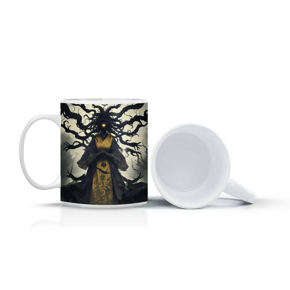 Dark Spirit Figure Glowing Eye Misty Forest – Mugs