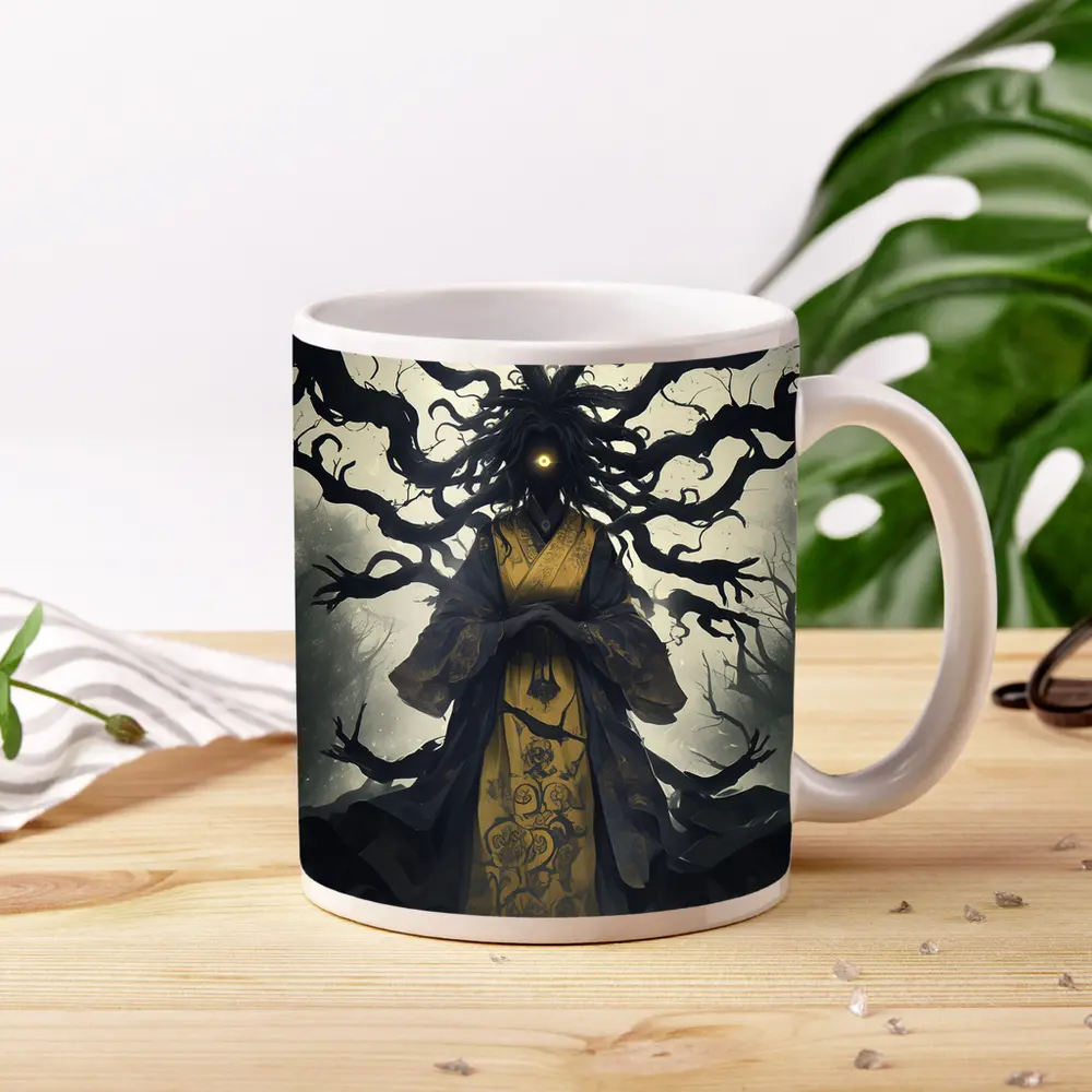Dark Spirit Figure Glowing Eye Misty Forest – Mugs