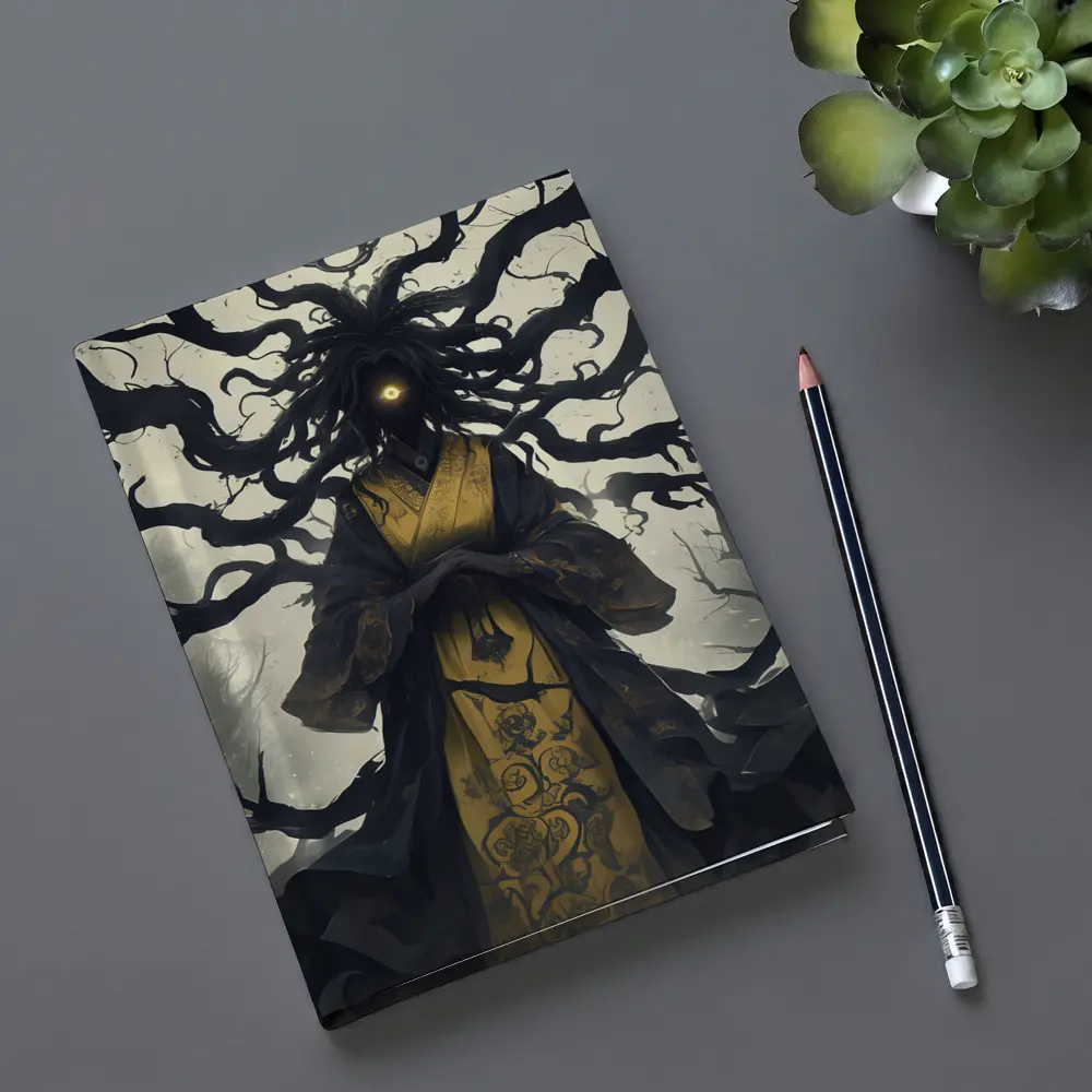 Dark Spirit Figure Glowing Eye Misty Forest – Notebooks