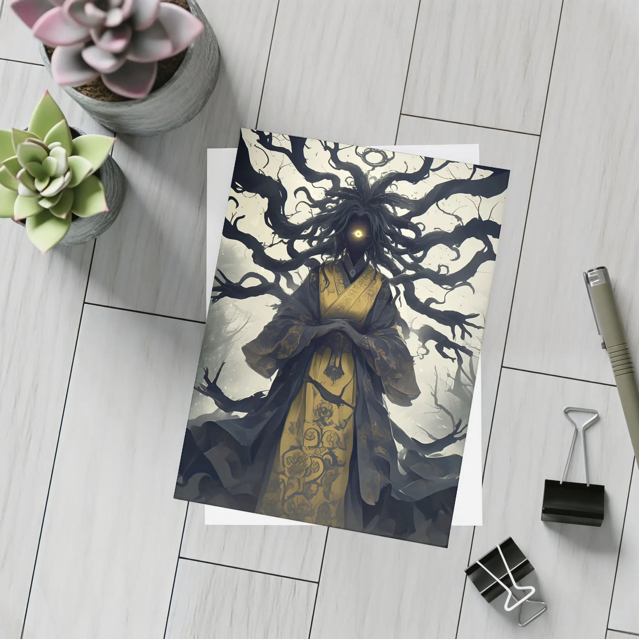 Dark Spirit Figure Glowing Eye Misty Forest – Postcards