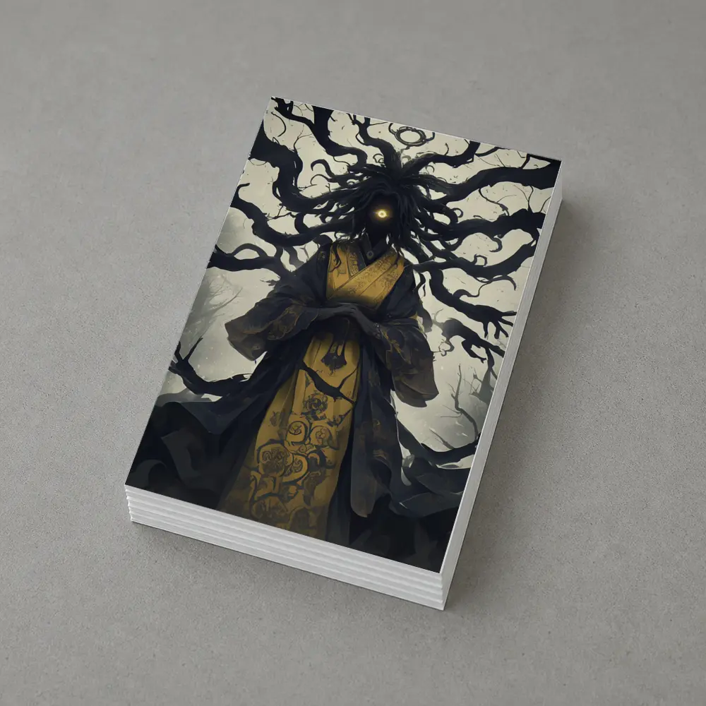 Dark Spirit Figure Glowing Eye Misty Forest – Postcards