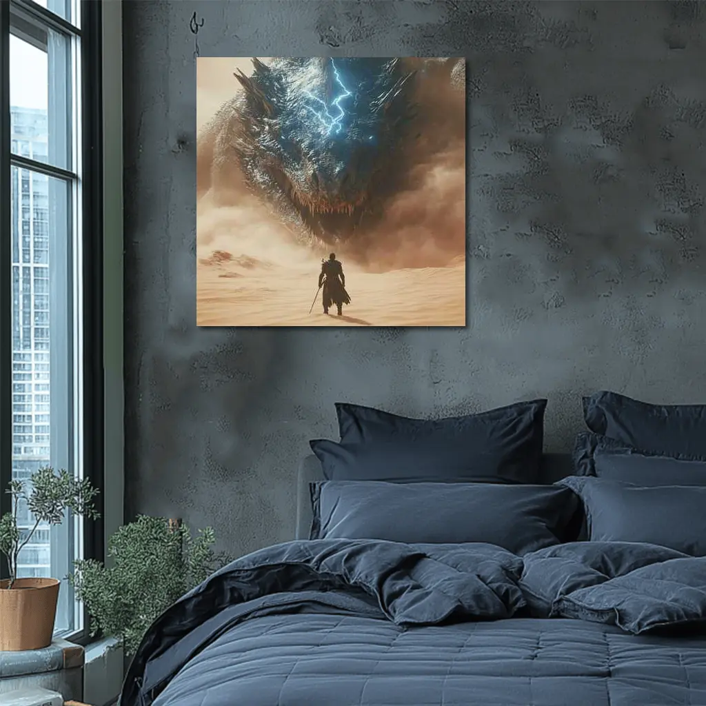 Warrior Facing Storm Dragon Desert Wasteland – Wall Art