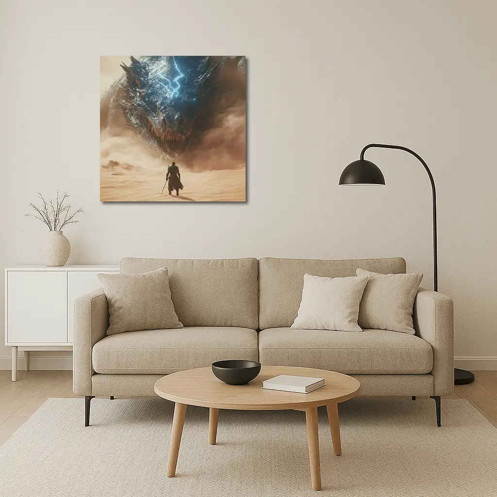 Warrior Facing Storm Dragon Desert Wasteland – Wall Art