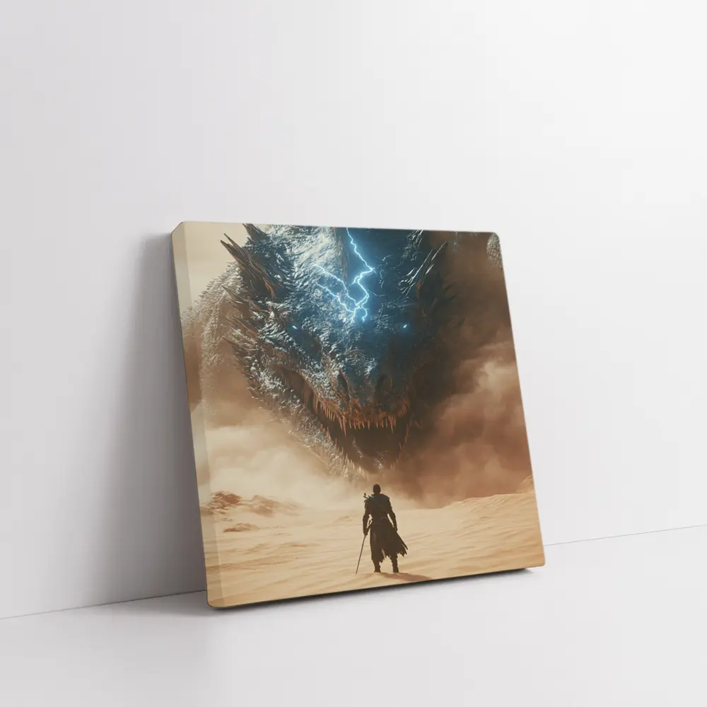 Warrior Facing Storm Dragon Desert Wasteland – Wall Art
