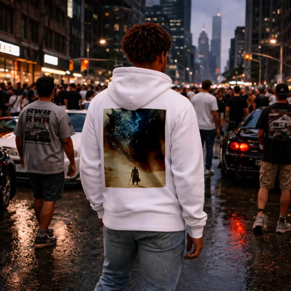 Warrior Facing Storm Dragon Desert Wasteland – Hoodies