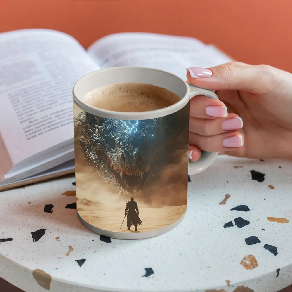 Warrior Facing Storm Dragon Desert Wasteland – Mugs
