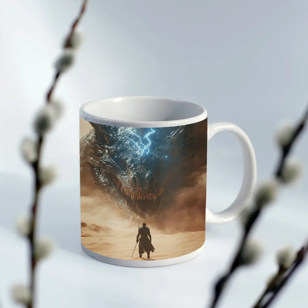 Warrior Facing Storm Dragon Desert Wasteland – Mugs