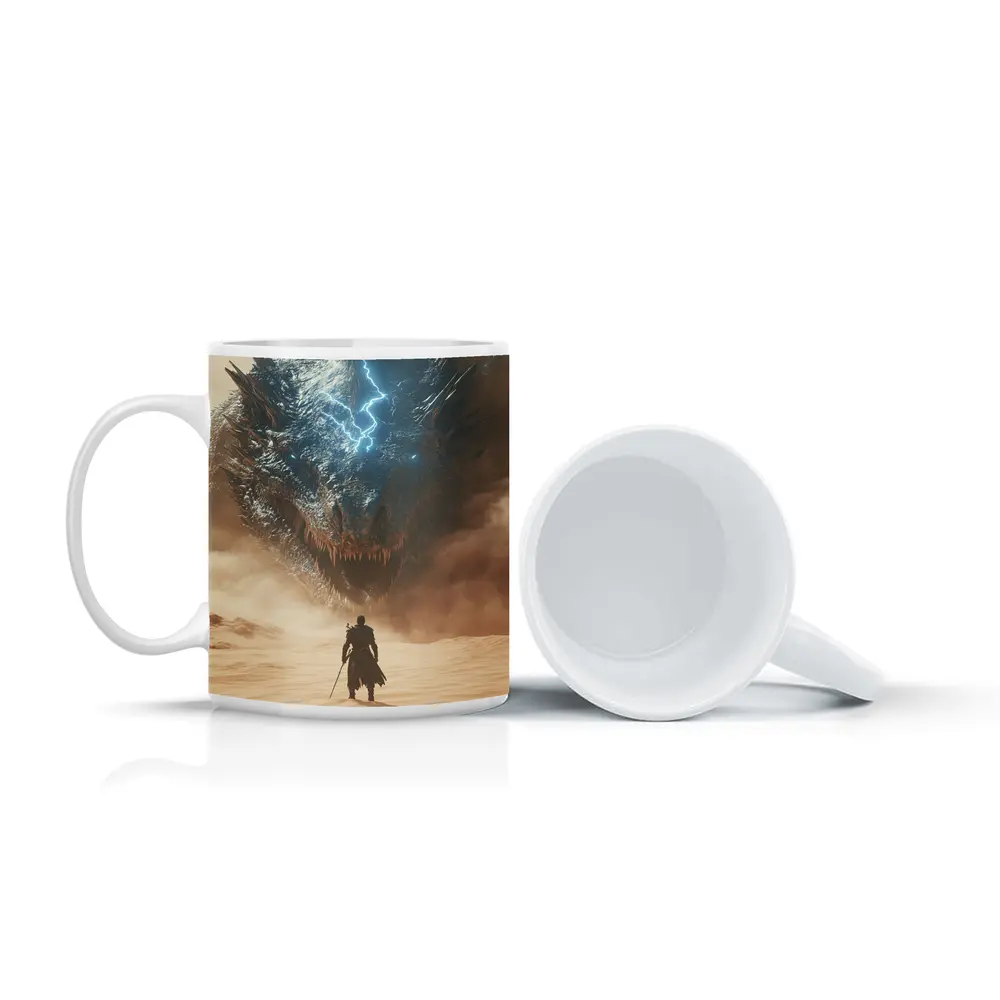 Warrior Facing Storm Dragon Desert Wasteland – Mugs