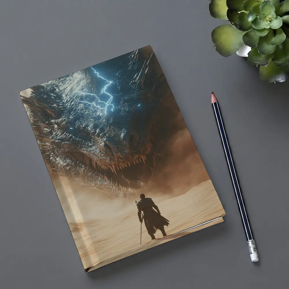 Warrior Facing Storm Dragon Desert Wasteland – Notebooks
